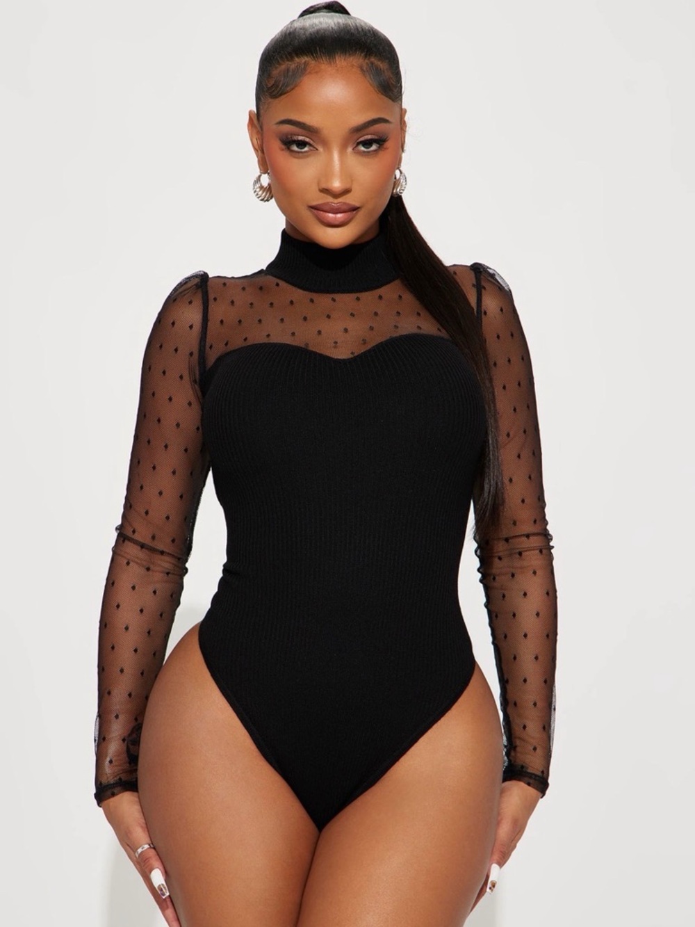 Fashion Nova Black Sheer Dot Mesh Long Sleeve Bodysuit